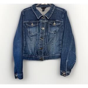 LANE BRYANT Women’s Blue Denim Jean Jacket Distressed Med. Wash Stretch Size 20